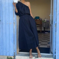 Elegant Temperament Draped Solid Maxi Dress Women Sexy Slash Neck Long Sleeve Long Dress 2024 Fashion Hight Waist Party Dresses