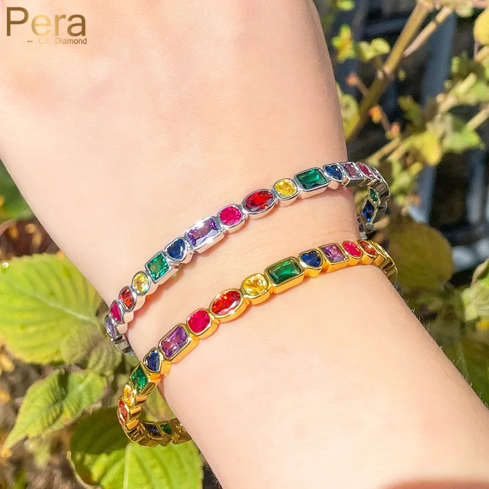 Pera Fashion Rainbow Zirconia Gold Color Big Open Cuff Bangles Bracelets for Women Anniversary Party Jewelry Gift Z002