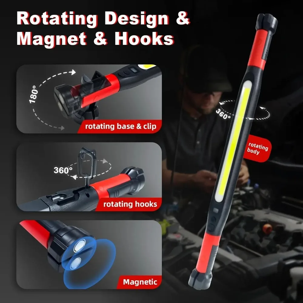 Super Bright Magnetic COB Work Light Rechargeable Underhood LED Flashlight with 360° Swivel Head for Car Repair Outdoor Lighting