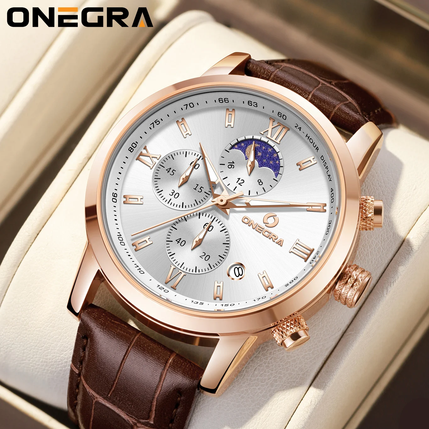 

Мужские спортивные кварцевые часы класса люкс ONEGRA, повседневные (коричневые/черные) мужские часы с хронографом из искусственной кожи с шестью контактами.