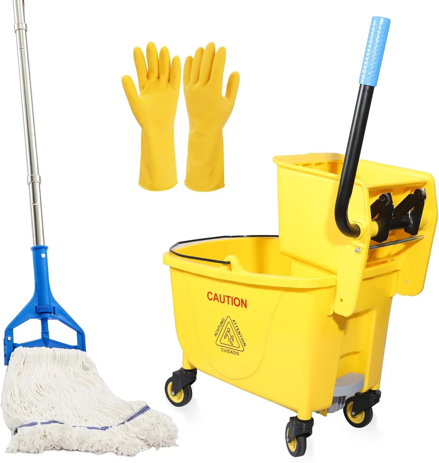 

Ведро для швабры с боковым нажатием 35QT с зажимным механизмом на колесах, желтое, включает в себя сверхмощную швабру и большие резиновые перчатки.