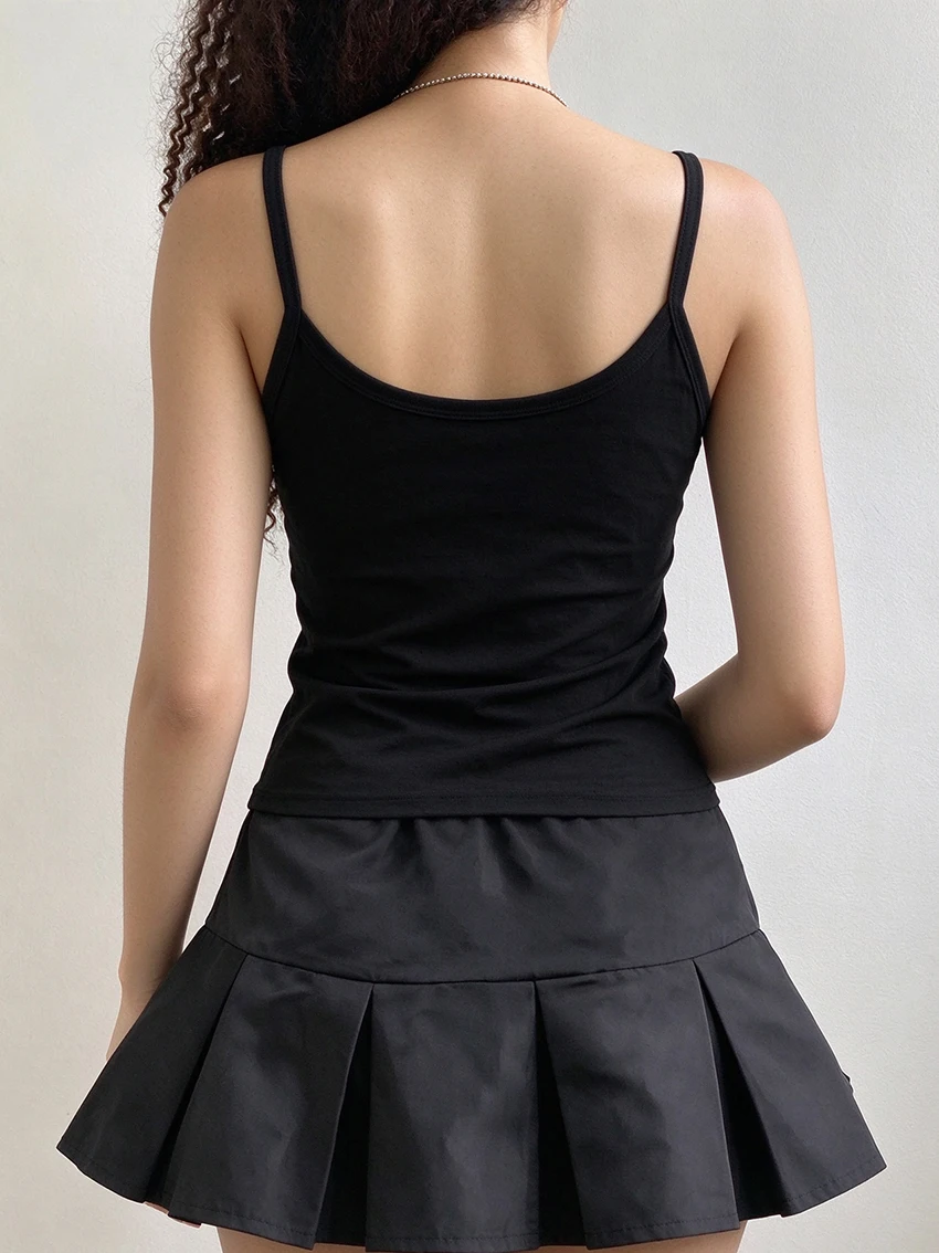 Gothic Women Spaghetti Strap Tank Top Fashion Biohazard Symbol Print Eyelet Detail Slim Sleeveless Cami Punk Street Casual Vests