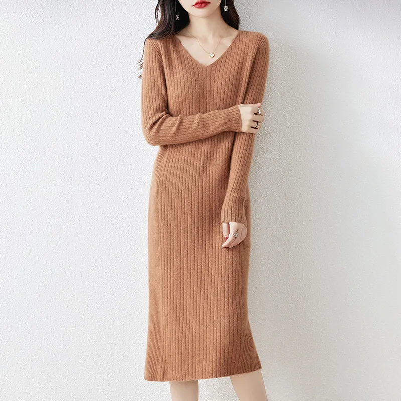 Autumn And Winter New V-Neck Pullover Pure Wool Knitted Sweater Skirt In Long Female Solid Color Gentle And Elegant Temperament