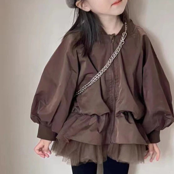 

Girls Coat 2025 Spring and Autumn New Childrens Clothing Girls Baby Fashion Sweet Fake Two Mesh Gauzy Coats Casual Simple Daily