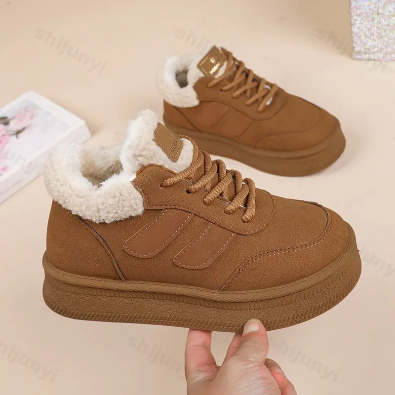 Women Snow Boots Faux Suede Winter New Casual Cotton Shoes Plush Lace-up Thick Bottom Boots Anti Slip Warm Cold Proof Shoes