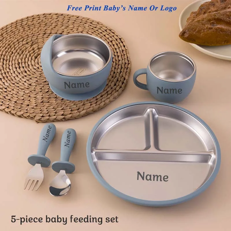 5PCS Stainless Steel Dishes Plate Baby Feeding Set With Detachable Silicone Sucker Bowl BPA Free Tableware Personalized Name