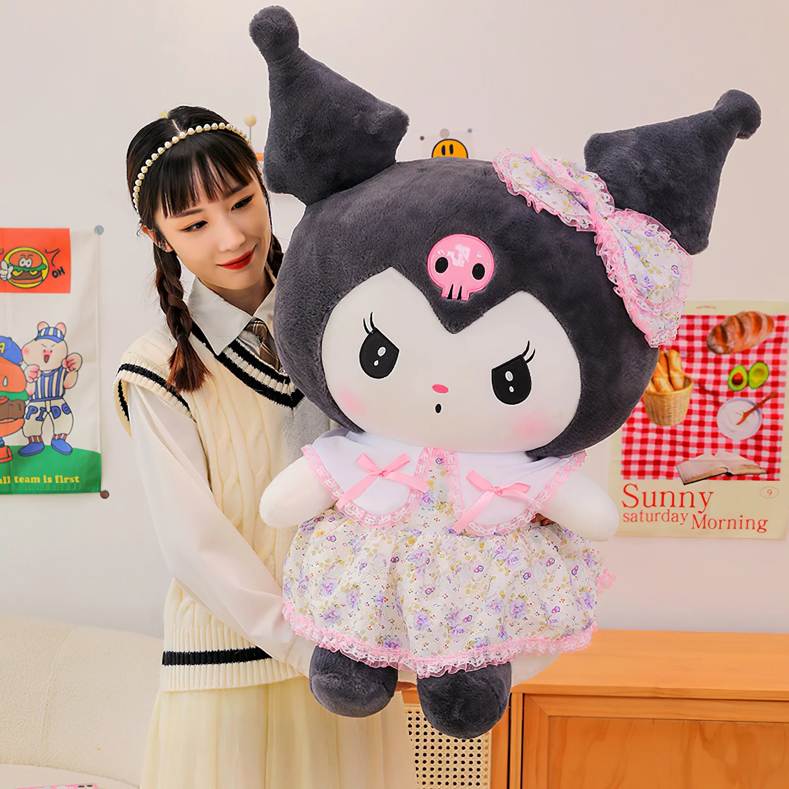 60cm Cartoon Sanrio Kuromi My Melody Plush Toy Kawaii Banquet Skirt Plush Soft Stuffed Doll Cute Big Size Pillow Birthday Gift