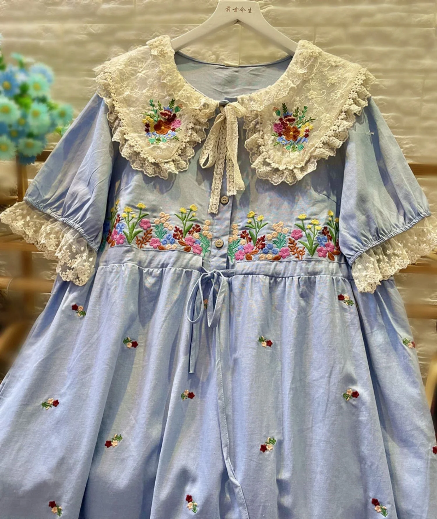 Floral Embroidery Cotton Ruffled Lace Blue Evening Long Midi Dress for Women Sweet Summer Rococo Vintage Retro Shabby Chic Dress