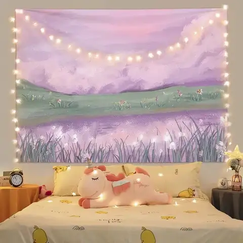 VIKAMA Pink Purple Fairytale Castle Decorative Tapestry Wall Hanging Room Decor Bedroom Dorm Dreamy Princess Gift Soft Durable
