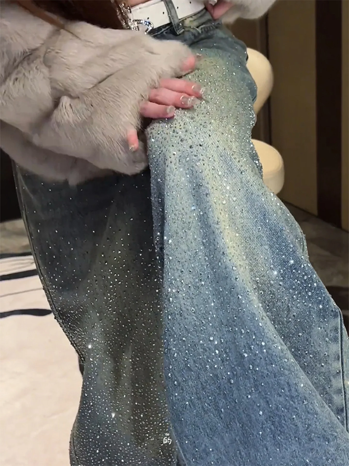 ルーズフィットキラキラデニムジーンズ女性のハイウエストワイドレッグパンツスリミングスレ秋冬ファイオントレンドプラスサイズ