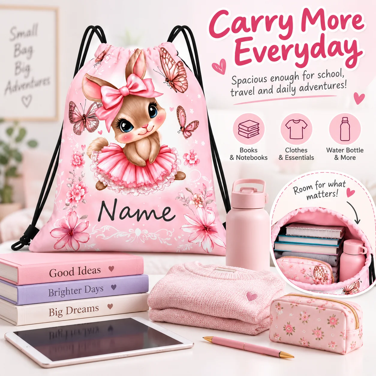 1PC Personalized Drawstring Bag Backpack Custom Name Kids String Bag Girls School Travel Gym Sports Birthday Gift Bag Drawstring - view 5