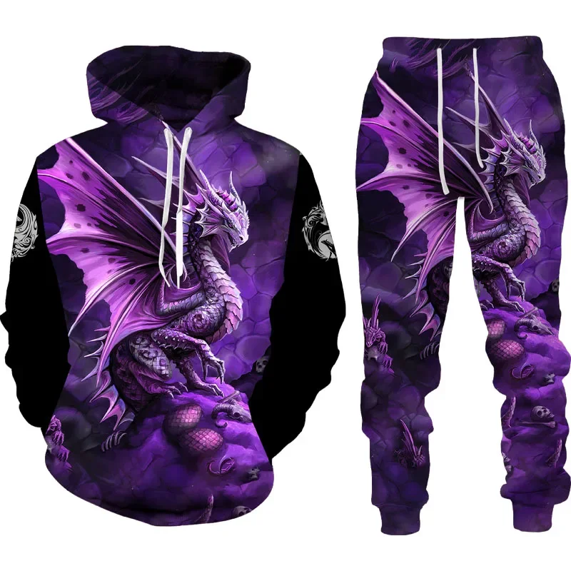 3D Dragon Printed Men\'s Hoodies Set Men\'s Monster Harajuku Pullover High-quality Sportswear Pants Autumn Winter Male Streetwear