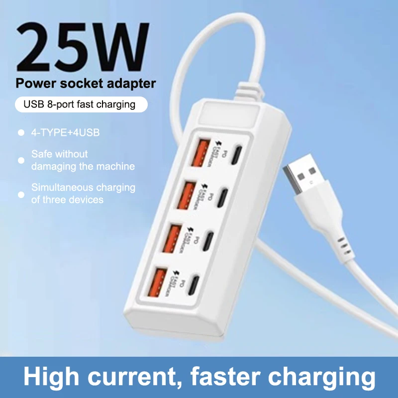 New 8 in1 USB Extend Charger 4Type-C+4USB HUD PD Fast Charging Power Adapter For Tablet For Laptop Computer For Smart Phone