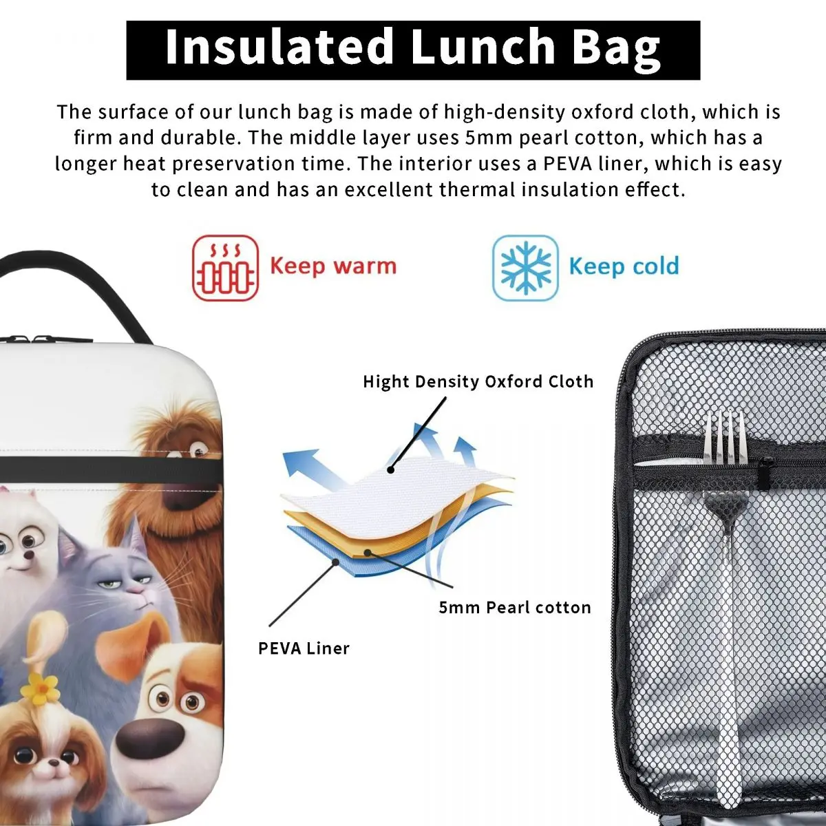 الحياة السرية للحيوانات الأليفة (1) حقيبة الغداء للنساء صندوق الغداء الترفيه حقيبة للحفاظ على البرودة المدرسية المحمولة سستة أكسفورد حقائب الغداء الحرارية #3