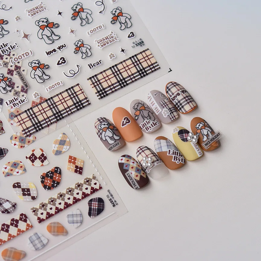 2D Elegant Brown Tone Tartan Lattice Checks Block Cute Bear Love Happy Adhesive Nail Art Stickers Decals Manicure Ornaments