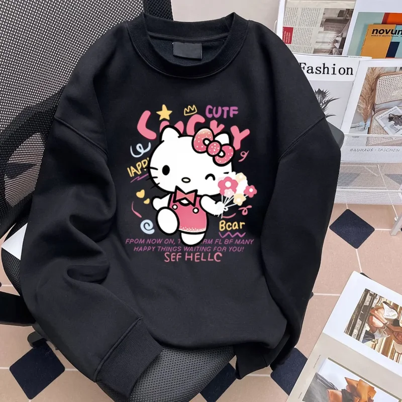 เสื้อสเวตเชิ้ตผู้หญิงลายซานริโอ้ เฮลโล คิตตี้ น่ารัก สไตล์การ์ตูน สำหรับนักเรียน ฤดูใบไม้ร่วง แขนยาว คอกลม เสื้อแฟชั่น เสื้อผ้าผู้หญิง เสื้อนอก