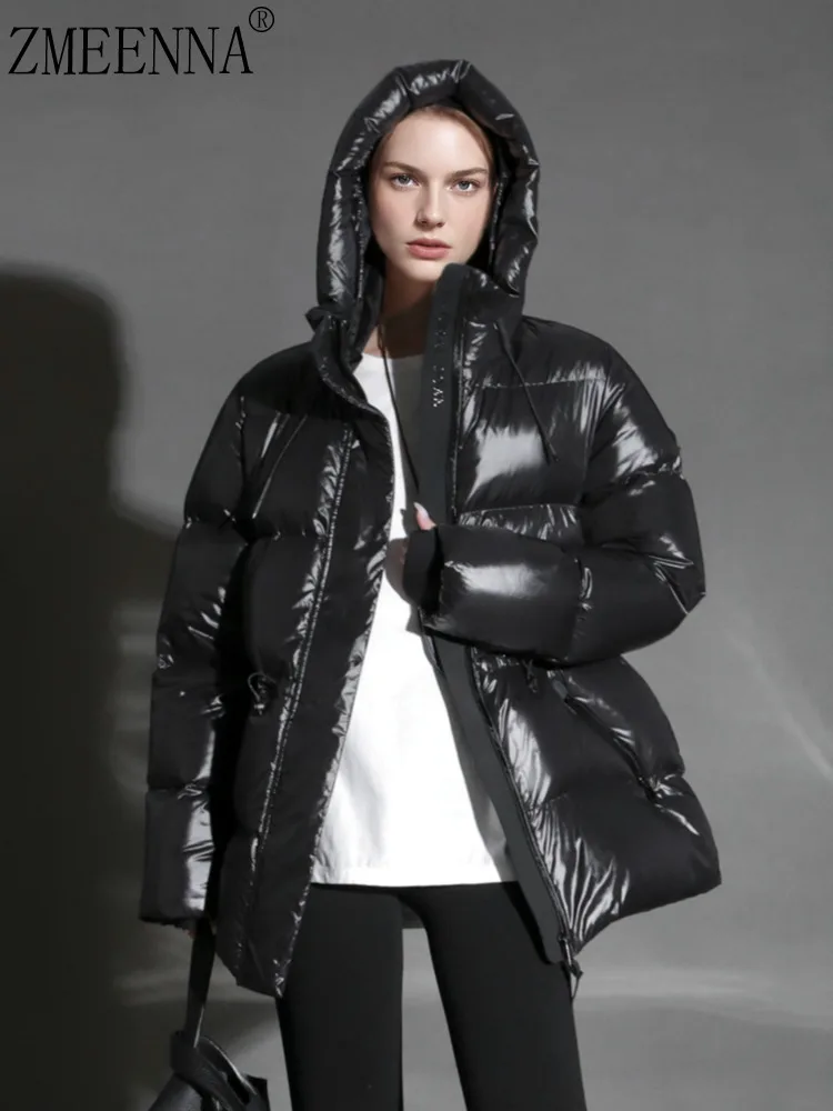 

ZMEENNA Womens Black Shiny Hooded Puffer Jacket Oversized Warm Down Filled Bubble Coat Winter Quilted Outwear ZM4529