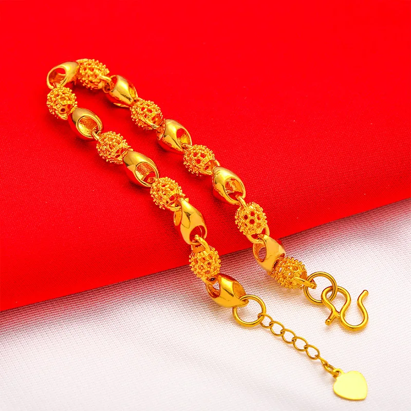 Non-fading Thick Plated Gold Color Hollow Delicate Beads Bracelet Women\'s Men\'s Hand Chain Link Original Fashion Jewelry