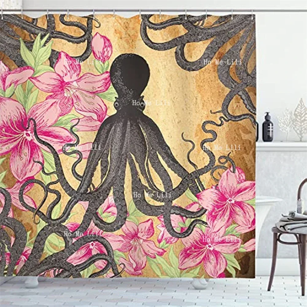 Octopus Shower Curtain Sea Monster Rose Leaf Tentacles Retro Antique Sea Creature Themed Bathroom Decor