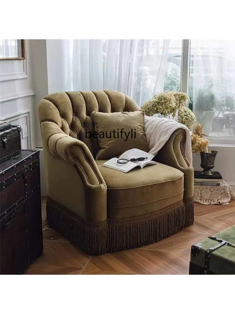 French Retro Single Fabric Pull Buckle Sofa Small Apartment Living Room Design Tassel Velvet Sofa furniture