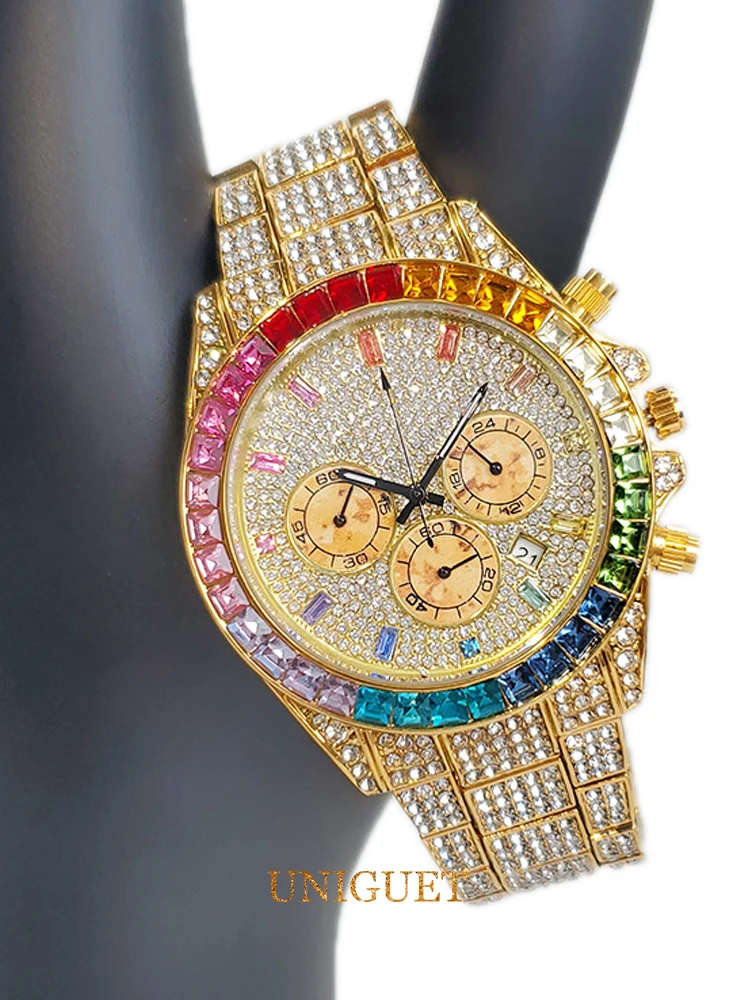 

Men's Gold-Tone Quartz Watch with Multicolored Diamond Quartz Watch For Men Chronograph Calendar Waterproof Wristwatches Man