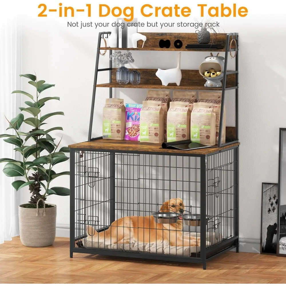 Dog Crate Furniture - Dog Crate with Flip-Up Top Heavy Duty 3-Layer Storage Shelves Wooden House Indoor with Adjustable Bowls