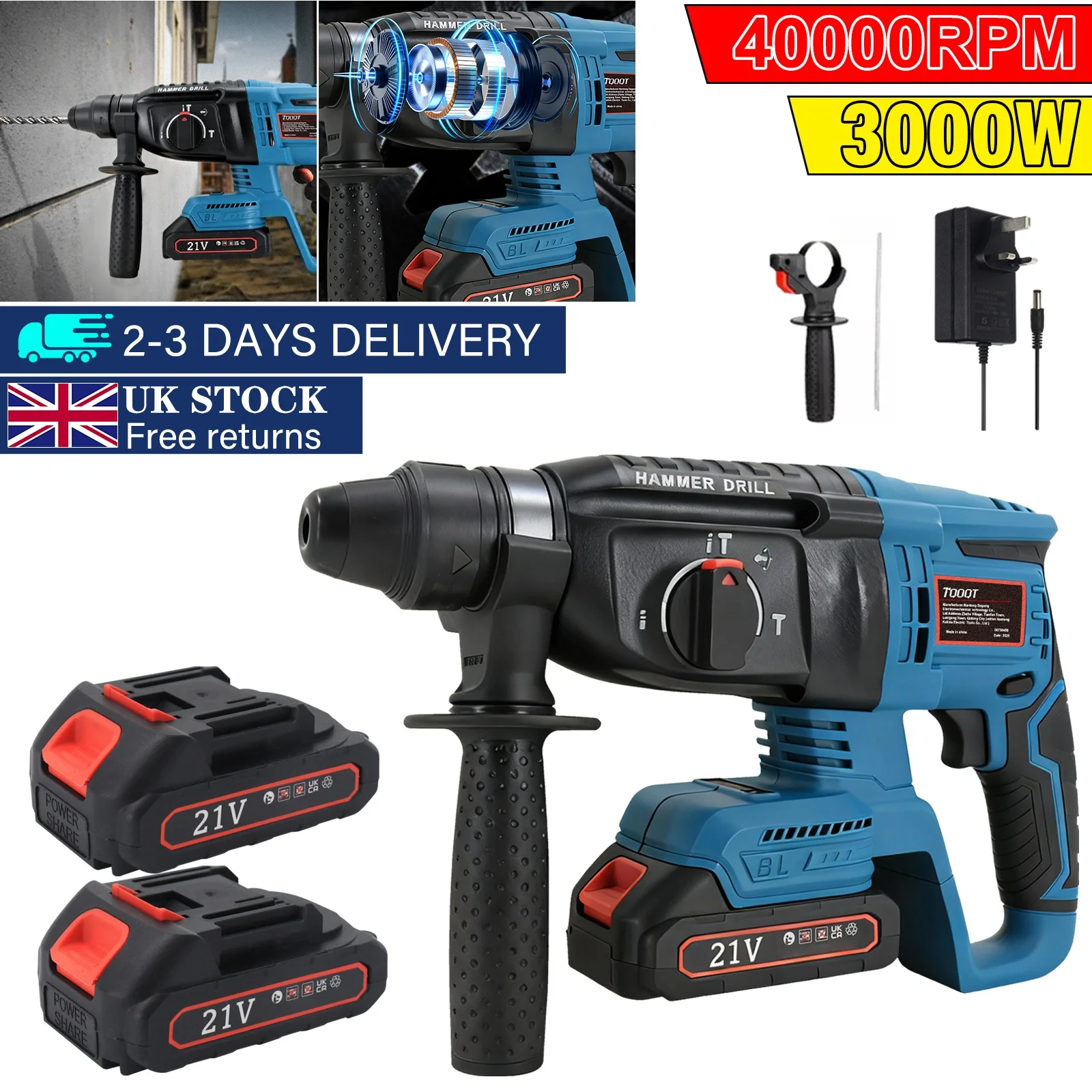 21V Cordless Hammer Drill Impact Driver, Cordless Dual Function Hammer, SDS Plus Rotary Electric Hammer Drill with 360°Rotating Handle, Variable Speed, DIY Home Repair Hand Drill Set