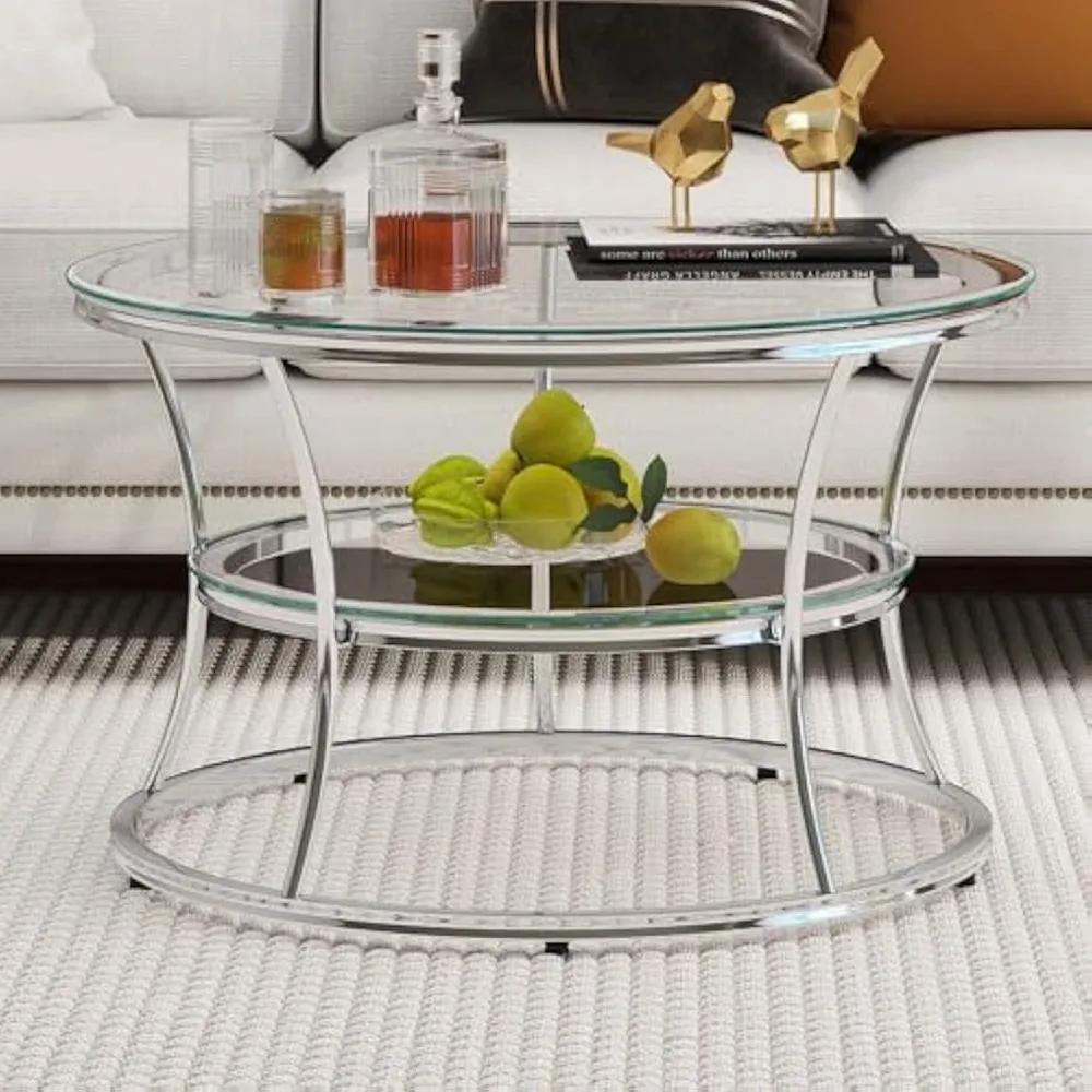 

Furniture Glass Coffee Table, 2-tier Modern Living Room Table With Shelf, Tempered Glass & Chrome Frame, Silver Center Table