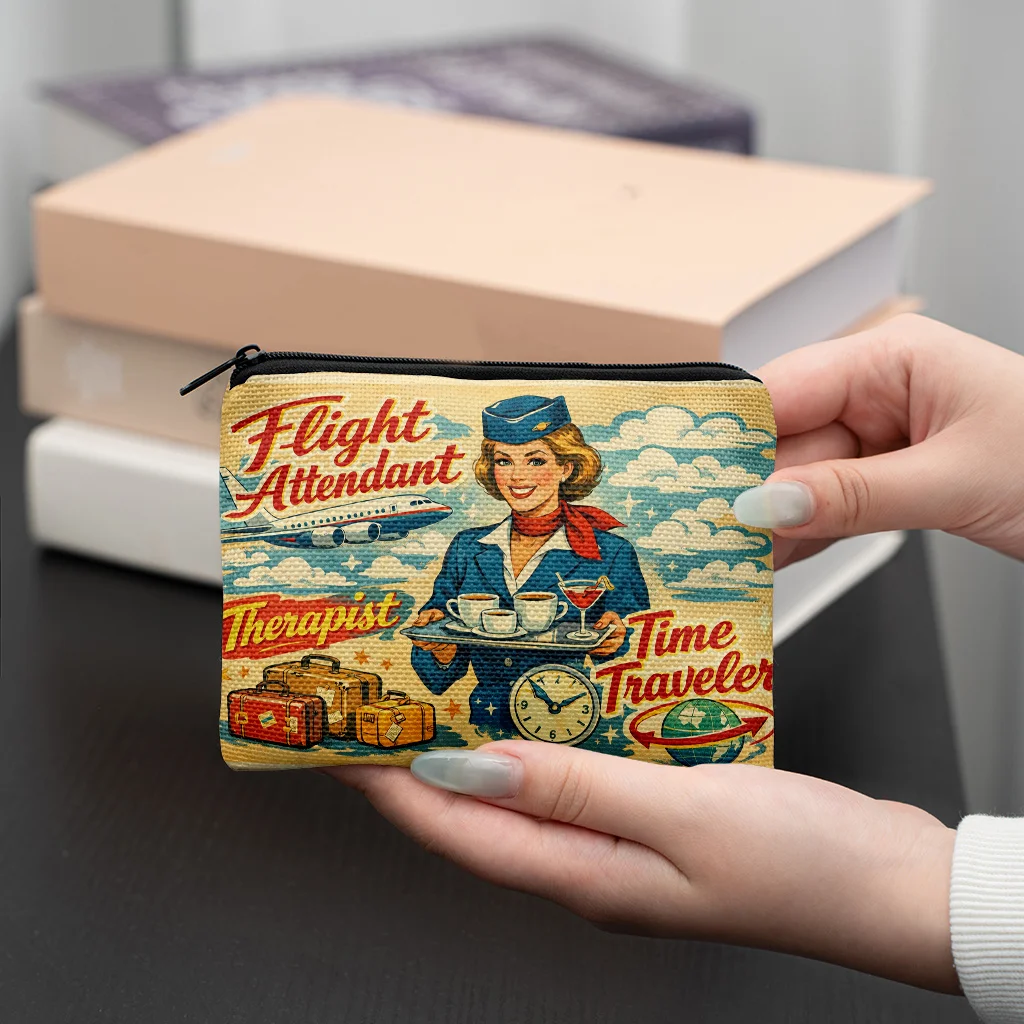 Flight Attendant Print Coin Purse with Zipper Closure - Portable Keys Cards & Earphones Compact Money Travel Storage Bag