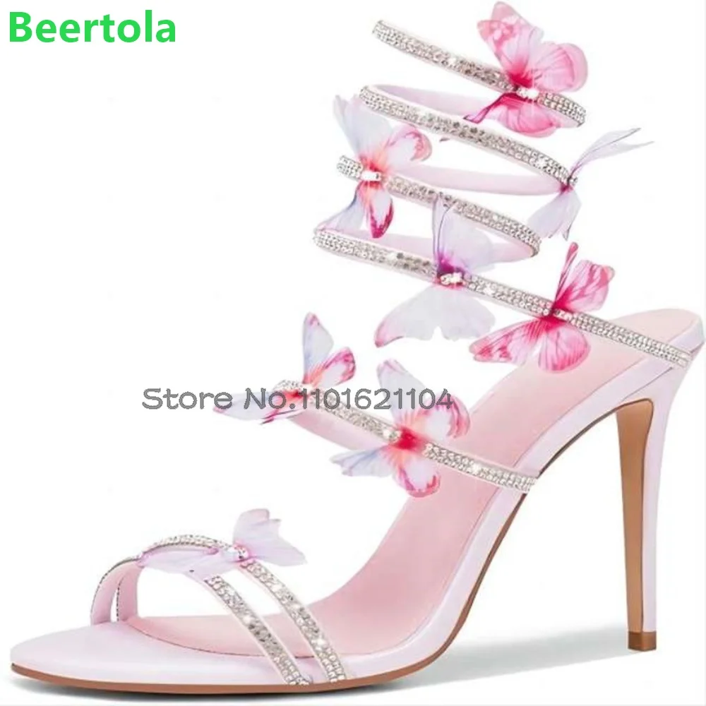 Pink Butterfly-knot Thin High Heel Sandals For Female Women Round Toe Ankle Wrapping Straps Slingback 2024 New Luxury Sweet Shoe