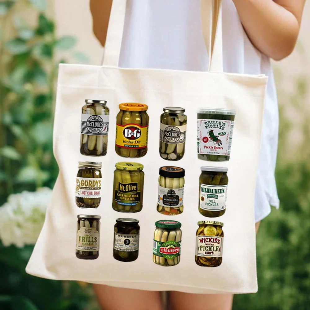 Super Cute Pickle Lovers Homemade Canned Pickles Tote Bags Retro Canning Season Ladies Shoulder Bag Large Capacity Canvas Bags