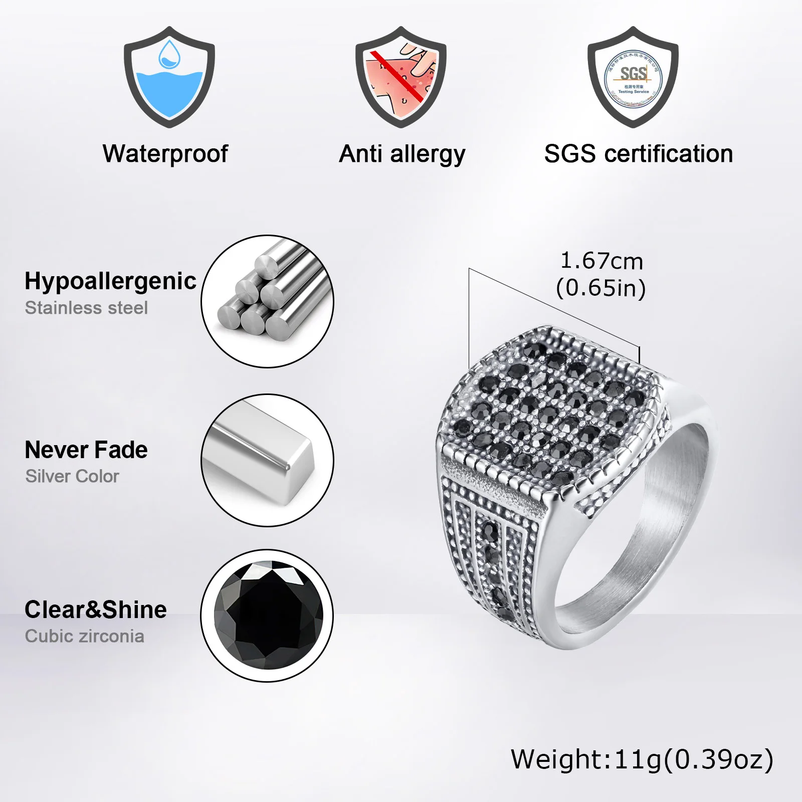 Black Stone Ring for Men Boys,Stainless Steel Thumb Ring Chunky Ring Square Ring,Luxurious Punk Male Jewelry Gifts