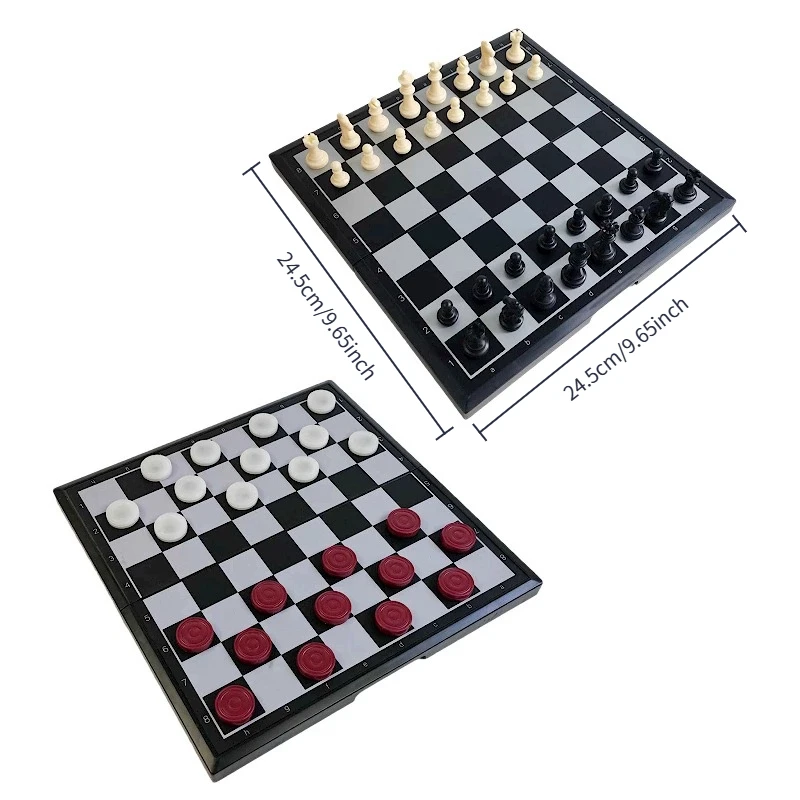 Two-in-One Magnetic Chess & Checkers Board Game Set with Portable Foldable Storage Box - Magnetic Base