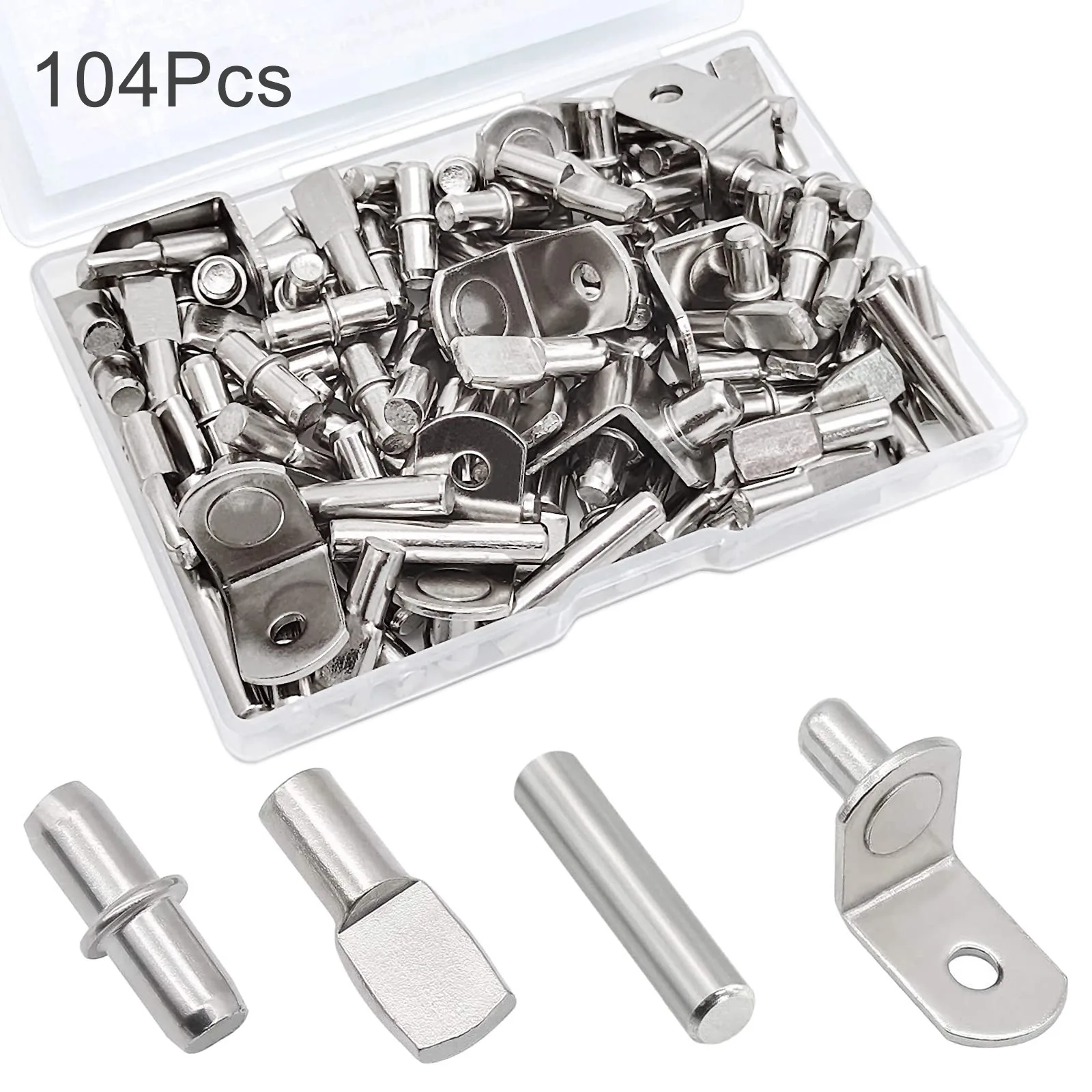 104Pcs Shelf Pins Kit 4 Styles Nickel Plated Shelf Support Pegs Bookshelf Pegs for Cabinet Bracket for Kitchen Furniture Closet