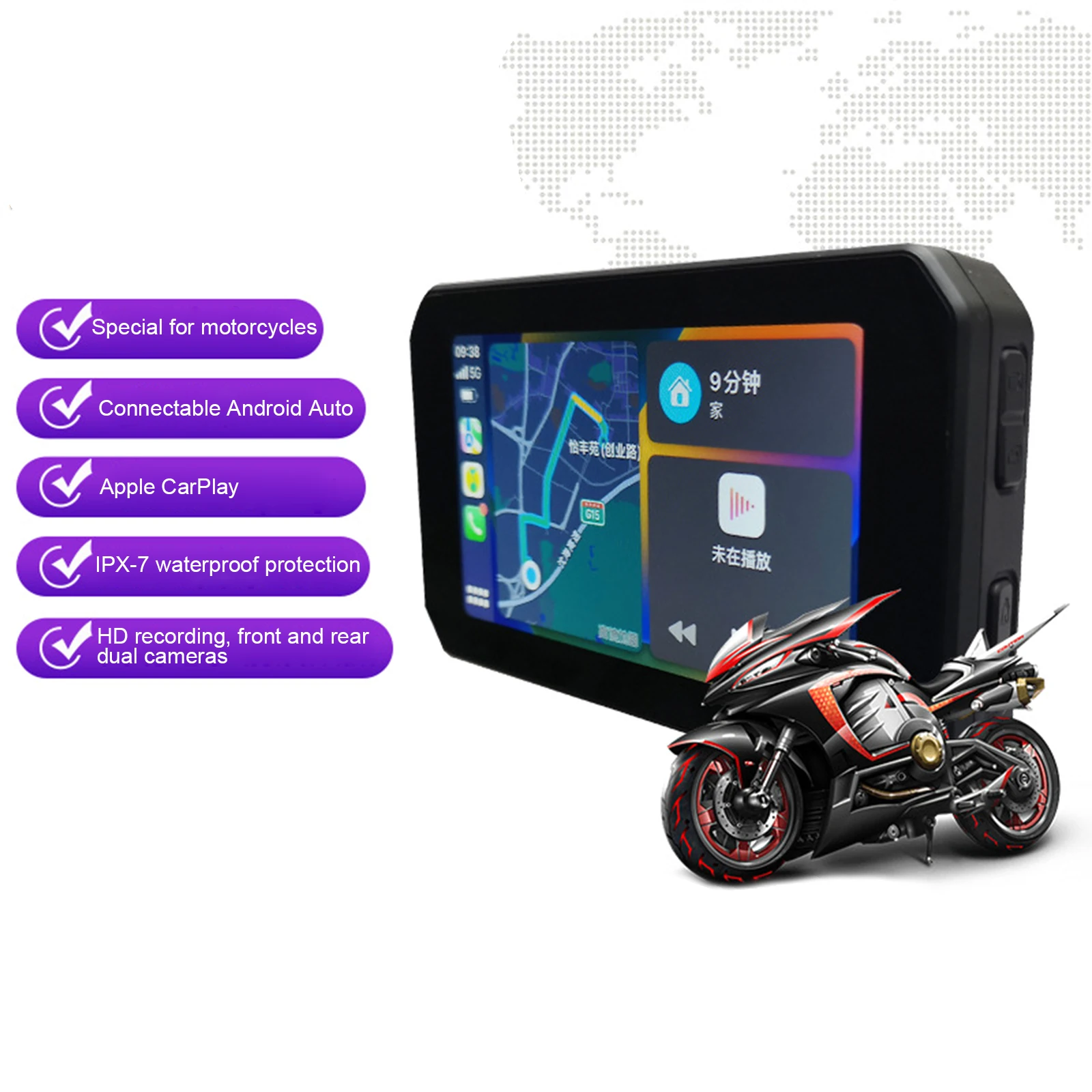 Motorcycle Special GPS Navigator 5 Inch 1000nit Screen IPX7 Wireless Android Auto Tire Pressure Display Wireless CarPlay