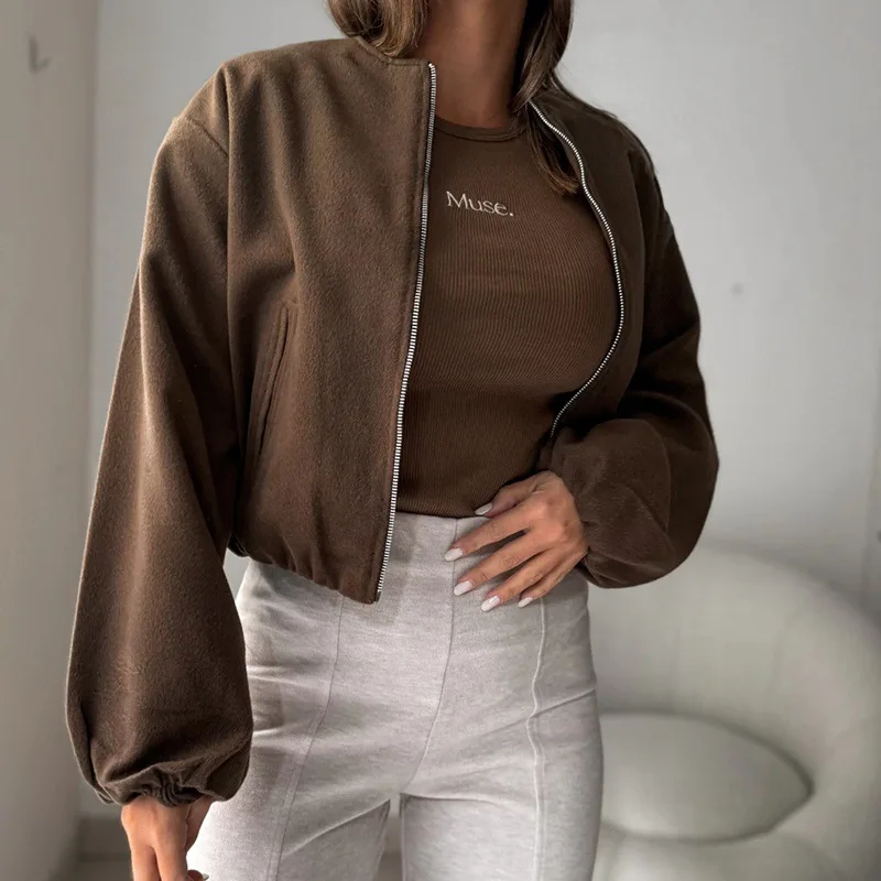 New Women's Clothing 2025 Fashion Versatile Woolen Stand Up Collar Short Jacket Top Coat