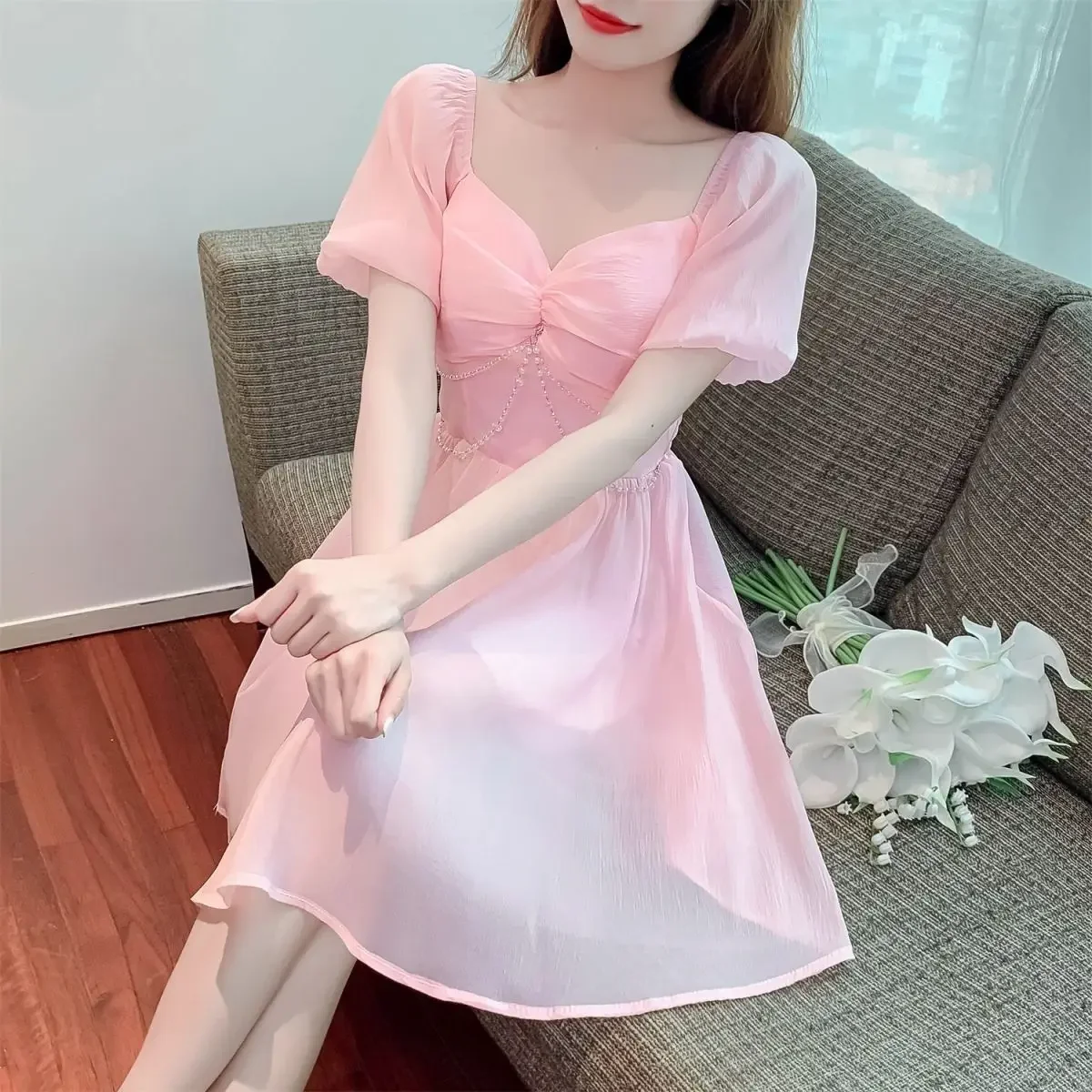 Fata Midi Abito femminile carino Manica corta Abiti da donna Kawaii Rosa Chic ed elegante Abiti graziosi Y2k Nuove caratteristiche di curvy