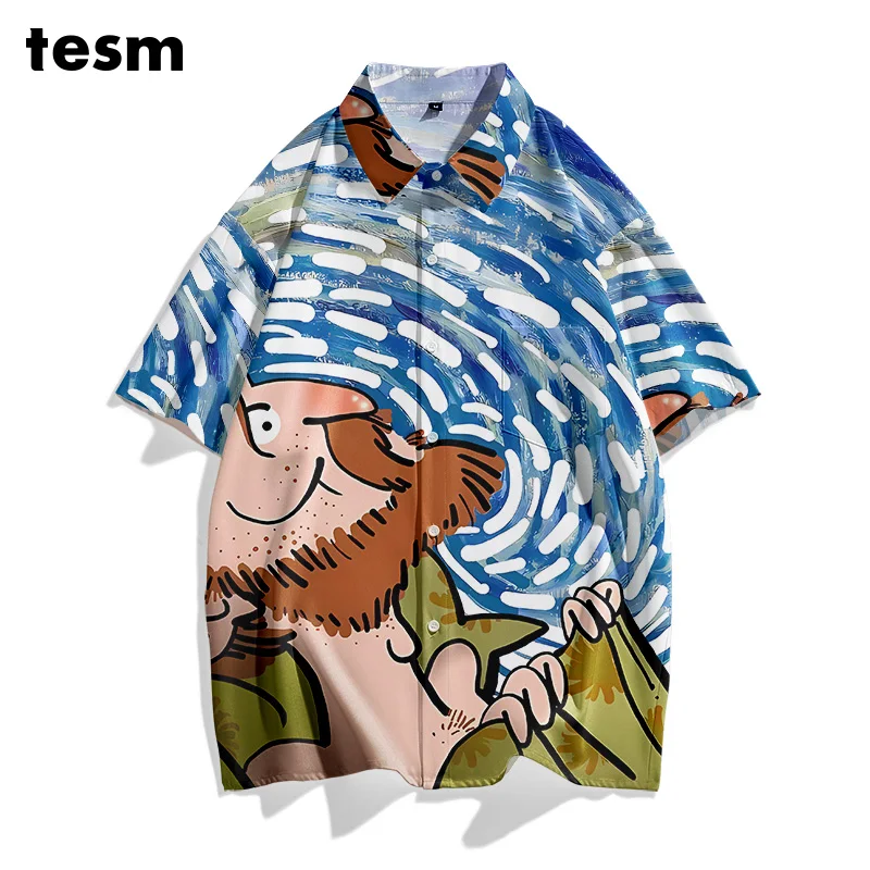 

TESM Мужская красочная рубашка с коротким рукавом | Стиль картины маслом Ван Гога | Повседневный летний пляжный наряд с заниженными плечами | Семейный матчи