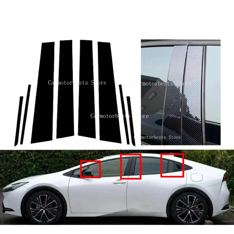 8pcs Glossy Black  Pillar Post Fit For Toyota Prius XW60 2023-2024 Window Door Deal B CCover Sticker  Carbon Fiber