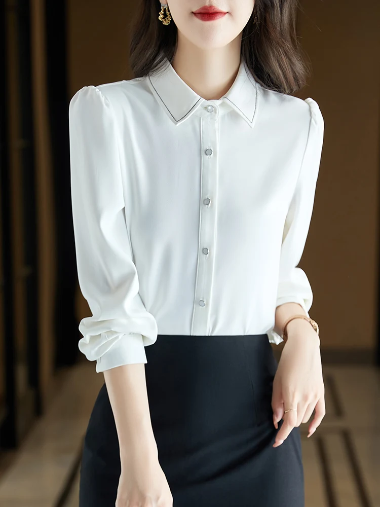 Women's Chiffon irt 2024 Spring Autumn Commute Design Profional White Workwear Collar Long Sve Straight Cut