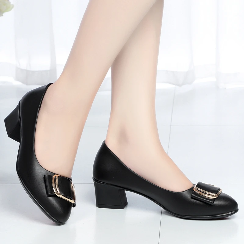 Women Cute  Pu Leather High Quality Party Medium Square Heel Shoes Lady Cool Fashion Sexy Heels