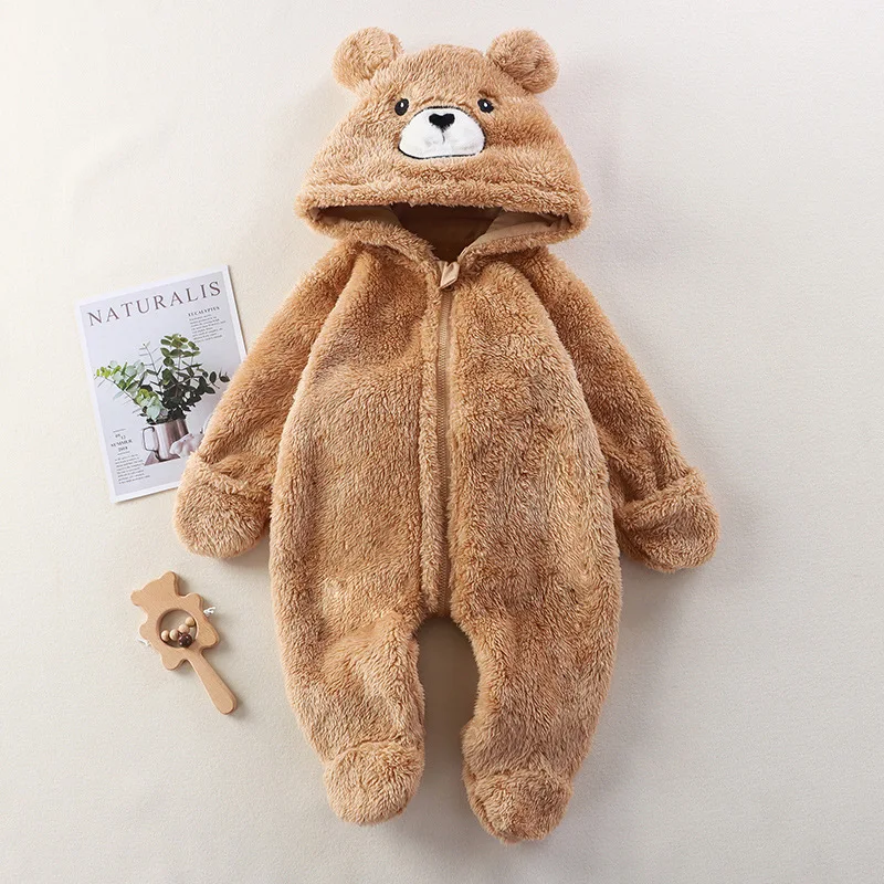 Barboteuse à capuche de dessin animé à pieds pour bébés, combinaisons chaudes en peluche, vêtements de détente pour bébés, tenue pour tout-petits,