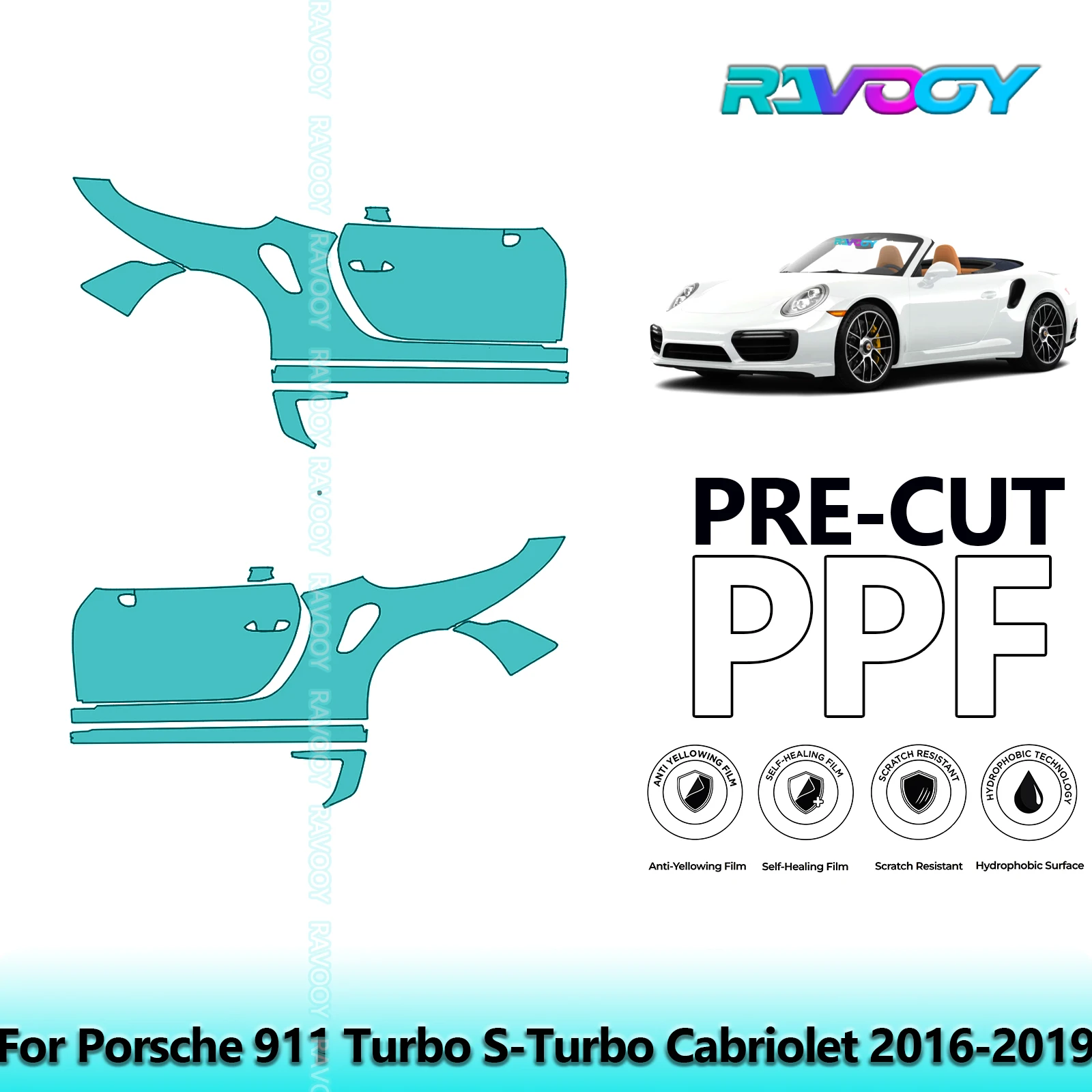 

For Porsche 911 Turbo S-Turbo Cabriolet 2016-2019 8.5mil Pre-Cut PPF Door & A/B Pillar Kit TPU Paint Protection Film Set