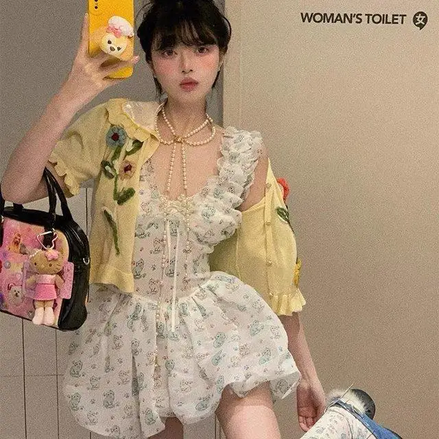 Abito a canotta con orlo a palloncino con stampa gatto che impiegato in vita stile Miu primaverile per donna Mini abito estivo carino da donna