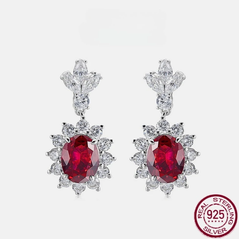 

New S925 pure silver pigeon blood ruby inlaid with colorful jewelry earrings, high-end socialite style exquisite wedding jewelry