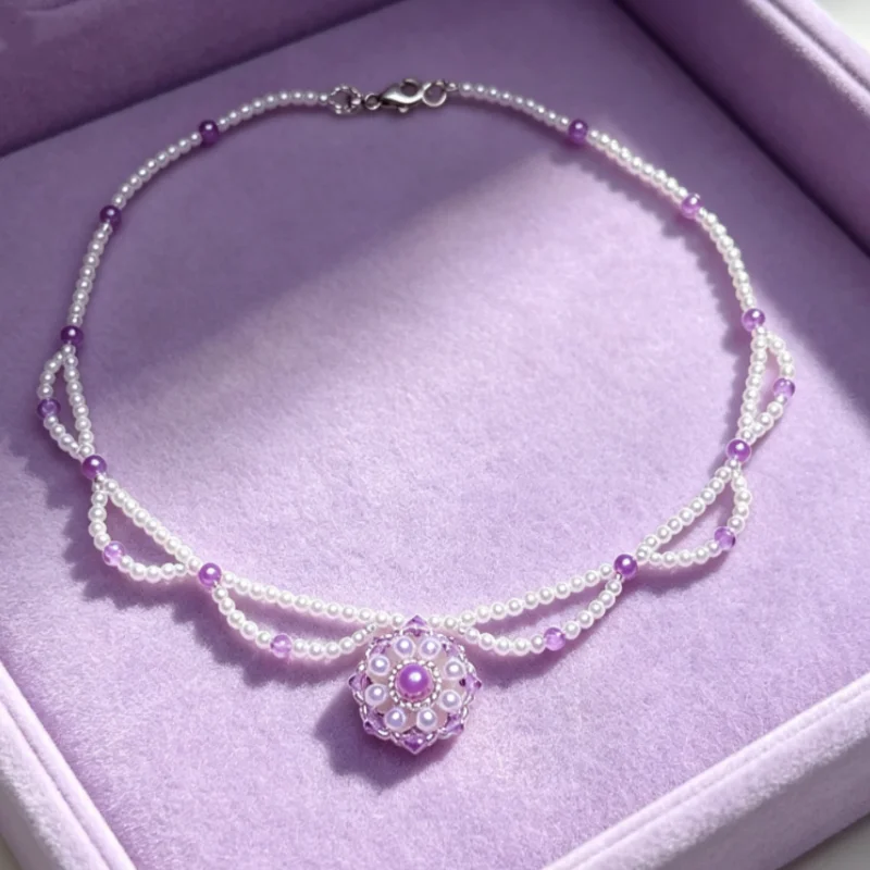 Purely Hand-Woven Lace Necklace, Pearl and Crystal Strings Threaded through the Lace, with a Hanging Geometric Snowflake-Shaped Pendant