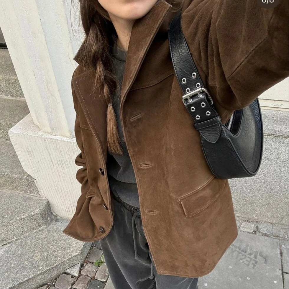 Autumn Winter Oversized Coats Women Fashion Vintage Lapel Pocket Suede Leather Jackets Brown Casual Long Sleeve Outwear 2024