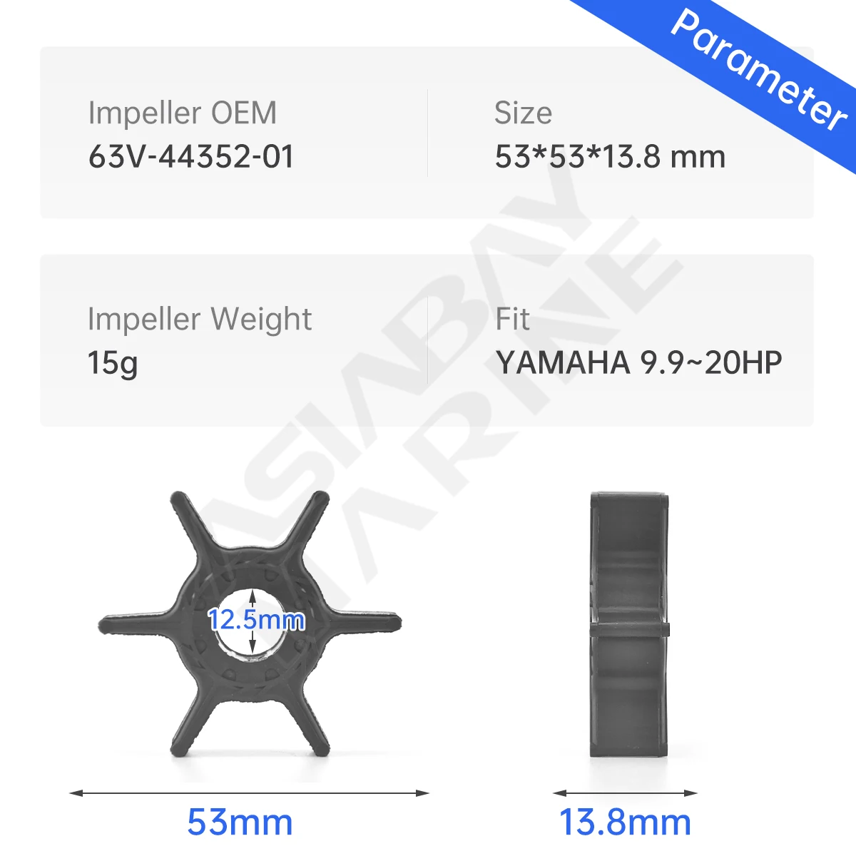 63V-44352-01 Water Pump Impeller For Yamaha Outboard Engine 2/4 Stroke F9.9 F15 F20 9.9hp 15hp 20hp Boat Parts 63V-44352-01-00