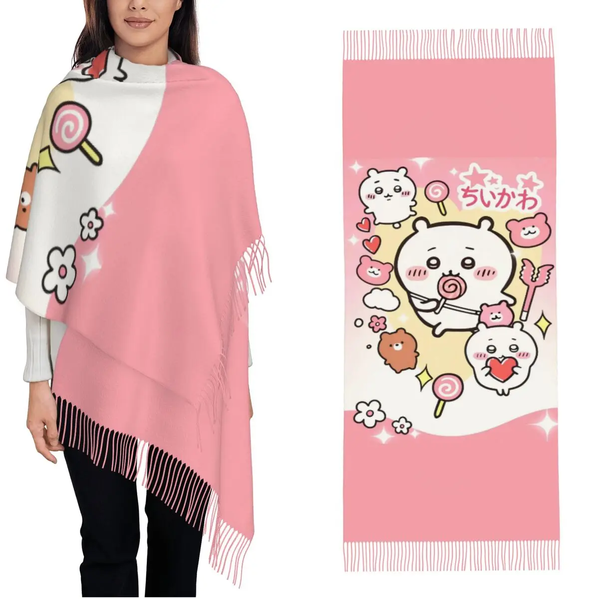 Cute Chiikawa Cartoon Japan Scarf for Womens Fall Winter Pashmina Shawls and Wrap Usagi Hachiware Large Shawl Scarf Lightweight