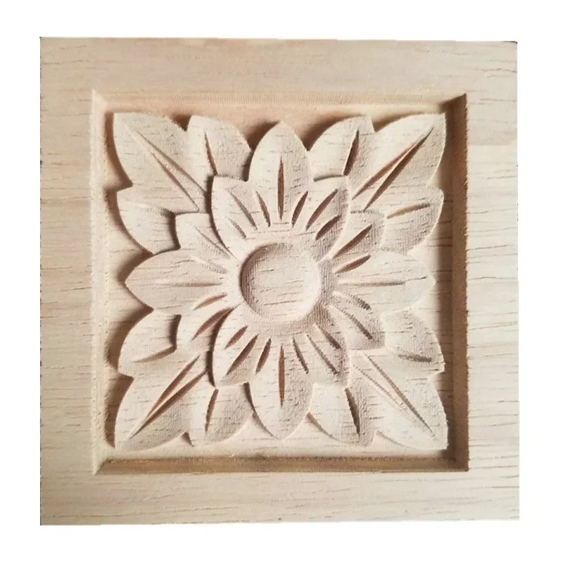 4-18cm Woodcarving Floral Decoration Style Rectangle Wood Applique Patch Carved Flower Bed Furniture Cabinet Figurine